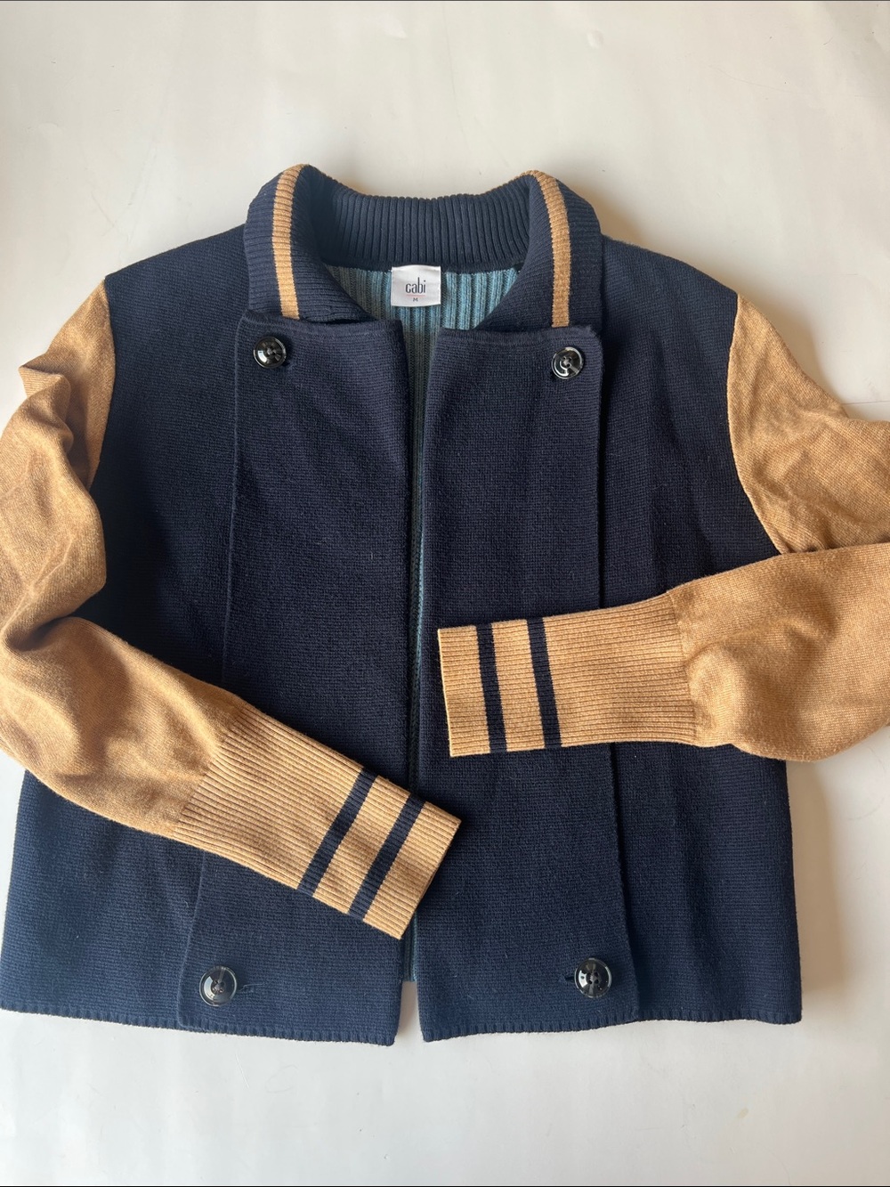 CAbi navy and camel varsity-style cardigan